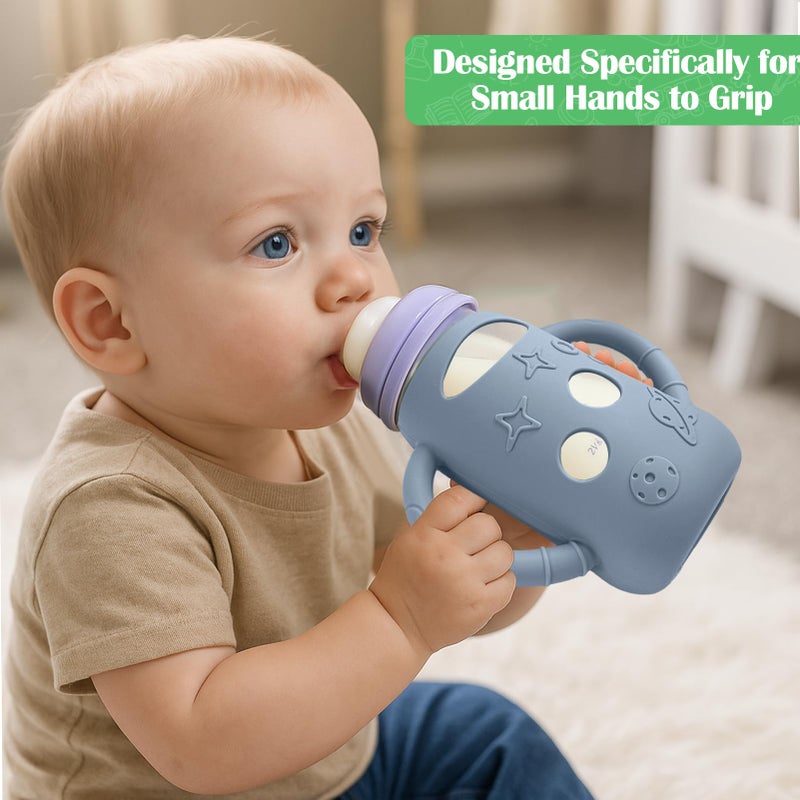 بوسوها BUSOHA 3 عبوات من أكمام السيليكون لزجاجات Lansinoh الزجاجية - أكمام زجاجات أطفال برقبة واسعة لزجاجات Lansinoh حامل زجاجة مضاد للمغص مع مقبض واقي سيليكون مضاد للكسر، 5 أونصة - Image 4